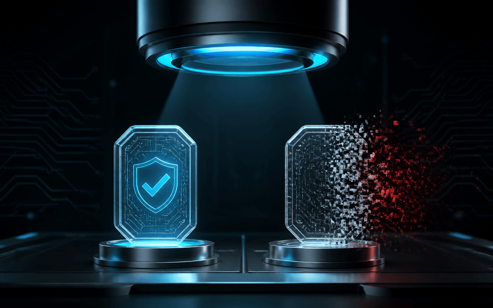 Verification lens distinguishing a safe transaction from a deceptive copy